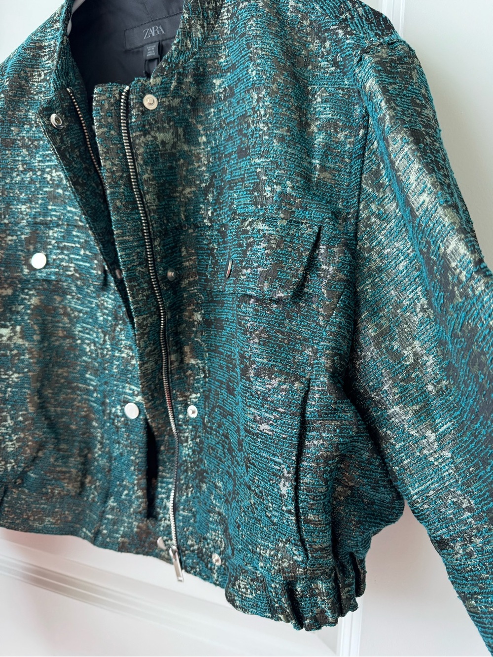 Zara Teal Green Metallic-Thread Bomber Jacket - Picture 6 of 11
